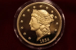 GOLD PLATED 1854-S TWENTY DOLLAR COIN, 40mm , STAMPED COPY FANTASY, NOT REAL - Picture 1 of 2