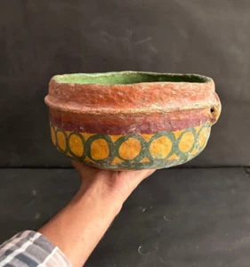 RARE OLD VINTAGE HANDMADE TRIBAL  PAPER MACHE HAND PAINTED DECORATIVE BOWL - Picture 1 of 14