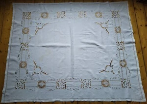 100 Jahre alte französische Handbestickte weiße Tischdecke aus Damast mit Rosen - Bild 1 von 2