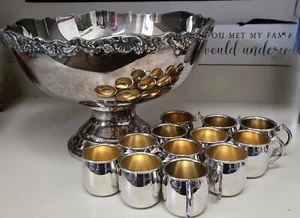 Punch Bowl & Mugs 13 pc set Silver Plated F.B. Rogers Victorian Vintage 9 Qt EUC - Picture 1 of 19