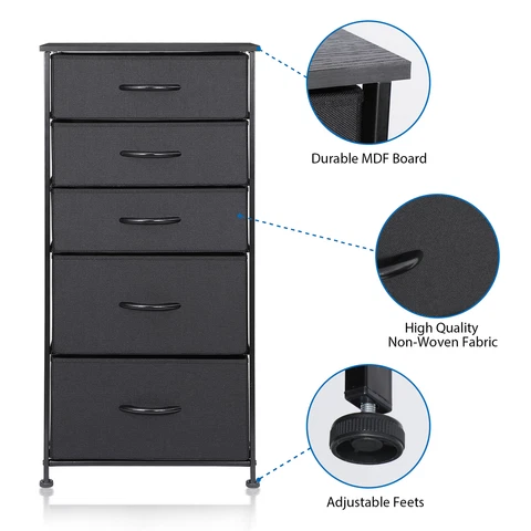 5 Drawers Dresser for Bedroom Organizer Unit Dresser Storage Tower Cabinet Black Cover