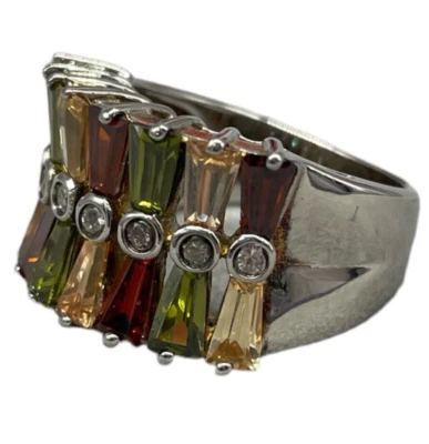 Anello Donna Argento 925 fascia pietre luminiose baguette arancioni gialli rossi - Immagine 1 di 4