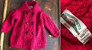 ARAN CRAFTS ALL MERINO WOOL VIVID FUCHSIA PINK SWEATER CABLE CARDIGAN 12-18 M - Picture 1 of 5
