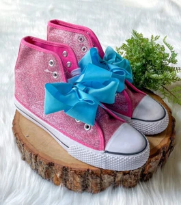 JoJo Siwa Shoes Size 4 Legacee High Top Blue Bow Sneakers Pink Glitter Girl's Hi - Picture 1 of 5