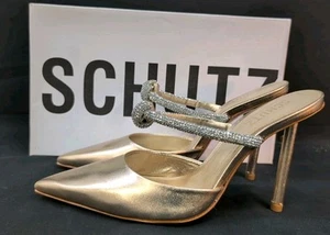 Schutz Pearl Pin Mules Stiletto Heel Sandals Women's US 7.5B Golden (60944) - Picture 1 of 11