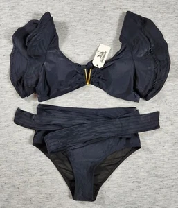 Ruffle Sleeve Plunge V Neck Bikini High Waist Womens Size Medium Black - Picture 1 of 6