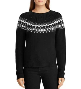 NEU RALPH LAUREN Damen Schwarz Wolle Norwegisch Jacquard Strick Pullover XL $195 - Bild 1 von 10