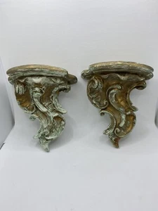 Set of Two Antique French Ornate Gold Gilded Ceramic Wall Hanging Shelf Shelves - Picture 1 of 10