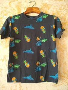 Bold Blue Boy's T-Shirt Size 10 Black Pinapple Sharks Short Sleeve Tee - Picture 1 of 4