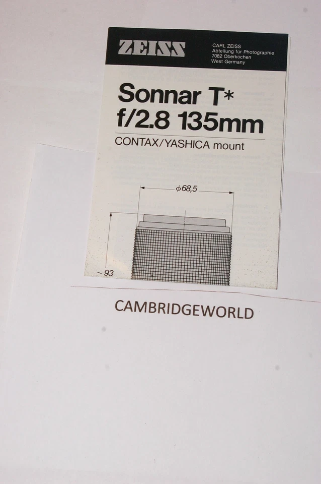 135mm F2.8 ZEISS T* SONNAR CONTAX MONTURA LENTE FOLLETO DE INSTRUCCIONES GENUINO  Foto 1 de 1