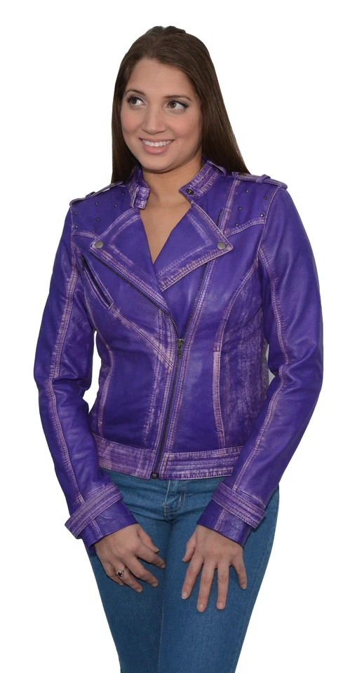 Ladies Sheepskin Asymmetrical PURPLE Leather Moto Jacket w/ Studded Accents - Image 1 of 1