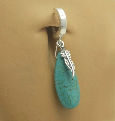 Turquoise & feather navel ring, body jewelry for your belly button pierceing - Image 1 of 2