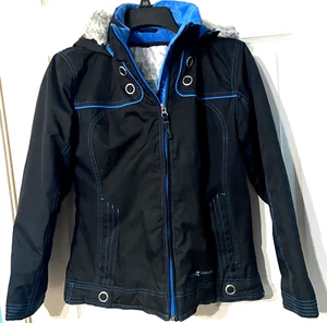FREE COUNTRY Girls Youth Medium 10/12 Winter Jacket Fake Fur Hood Black Blue - Picture 1 of 7