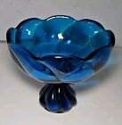 Vtg Compote Viking Glass Dish Bulb Pedestal Blue Scalloped Petal Edge Centerpiec