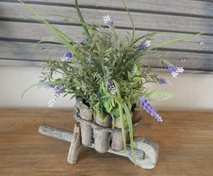 WOOD WHEELBARROW ORNAMENT ARTIFICIAL FAUX TOPIARY PLANTS FLOWERS RUSTIC DISPLAY - Picture 1 of 7