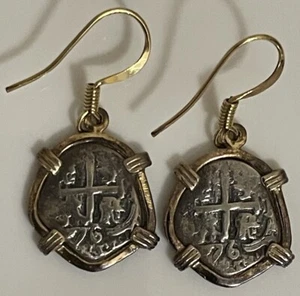Atocha Silver Coin Earrings In 14k Gold Bezel & Sheppard Hooks - Picture 1 of 3