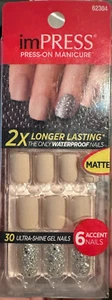 Impress Gel Manicure Press on Nails Short Tan buff nude matte silver glitter - Picture 1 of 1