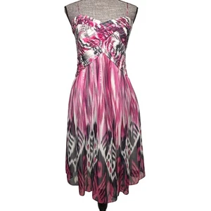 JS Collections Dress Womens Size 12 Pink Silk Strap Midi Ikat Print Lined Formal - Picture 1 of 8
