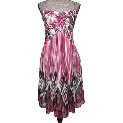 JS Collections Dress Womens Size 12 Pink Silk Strap Midi Ikat Print Lined Formal - Image 1 of 4
