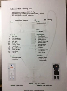 2019-20 Tottenham Hotspur v RB Leipzig Champions League matchsheet - Picture 1 of 1