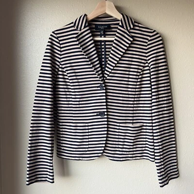 Talbots Blazer Jacket Petite Size Sp Stretch Nautical Navy Tan Striped Preppy - Image 1 of 4