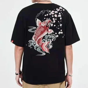 Mens Summer T-Shirt Japanese Pattern Embroidery Red Carp Koi Unisex Black White - Picture 1 of 19
