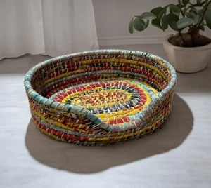 Small Dog or Cat Basket Made from Braided Recycled Sari and Kaisa Grass Pet Beds - Picture 1 of 6