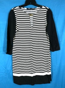 ZARA Lightweight Knit STRIPED KEYHOLE Shift T-Shirt Dress Black/Ivory Sz S - Picture 1 of 4