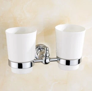 Chrome Brass Wall Mounted Bathroom Toothbrush Holder WITH/2 Ceramic Cup Dba908 - Bild 1 von 5