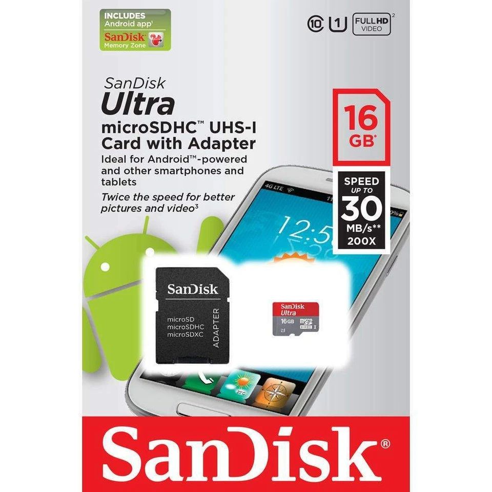 SanDisk Ultra MicroSDHC UHS-I Card + Adapter 16GB 30 MB/s Class 10 - Image 1 of 1