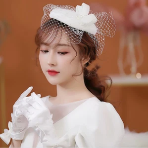 Ivory Pearls Wedding Hat Short Veil Fishnet Bridal Birdcage Sequinned Bridal Hat - Picture 1 of 9
