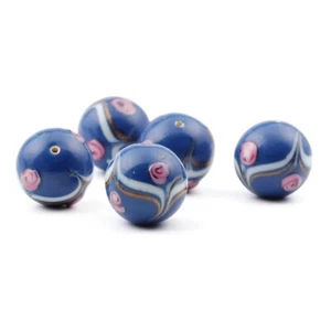 Lot (5) 16 mm Vintage Czech pink satin gold marble blue lampwork glass beads - Picture 1 of 2
