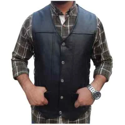 Chaleco de motociclista ARD CHAMPS™ de cuero genuino negro para hombre 10 bolsillos Foto 1 de 4