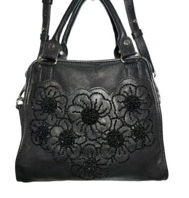 BRIGHTON MASTERPIECE COL. SLATE 3D BEADED FLORAL LEATHER CROSSBODY HANDBAG $450 - Image 1 of 4
