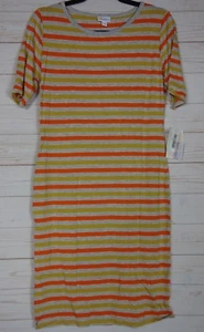 Vestido Julia para mujer Lularoe gris, naranja y rayas amarillas estampadas talla L nuevo con etiquetas - Imagen 1 de 3