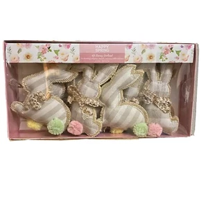 Happy Spring Pom Pom Burlap Rabbit Bunny Easter Burlap Felt Garland - Picture 1 of 3