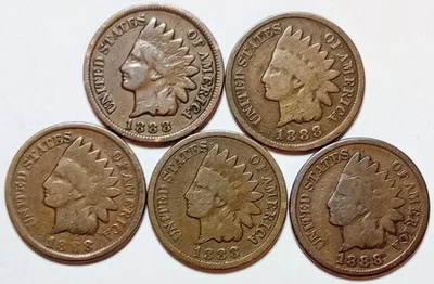 *5* • Indian Head Cents•* ALL *1888* *GOOD OR BETTER*  $$ FREE SHIPPING $$ #615 - Image 1 of 2