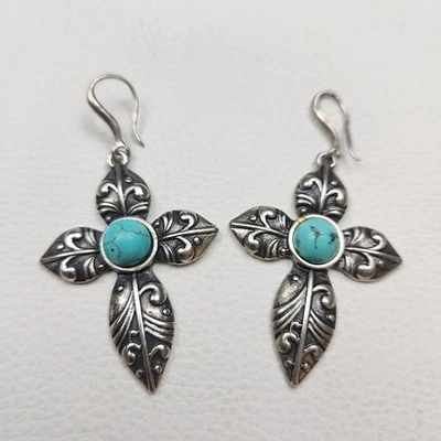 Pendientes Cruz Turquesa Cuelgan Tono Plata Bohemio Festival Joyería Suroeste Foto 1 de 3