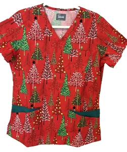 NWT Buttersoft Medical Scrub Top Red/Green Christmas Tree w/Pockets Size Small - Picture 1 of 11