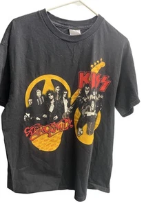 Maglietta Vintage Aerosmith KISS Uomo Large Nera 2003 2004 Tour Concert Band Tee - Foto 1 di 8