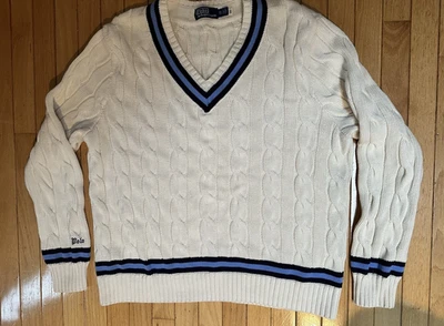 Polo Ralph Lauren Mens XXL V neck White Blue Trim V neck Sweater - Image 1 of 4