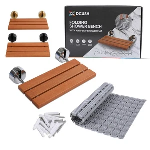 Folding Teak Shower Seat CHROME 20.1' x 13.2' Wall Mounted Shower Bench 440 lbs - Picture 1 of 7