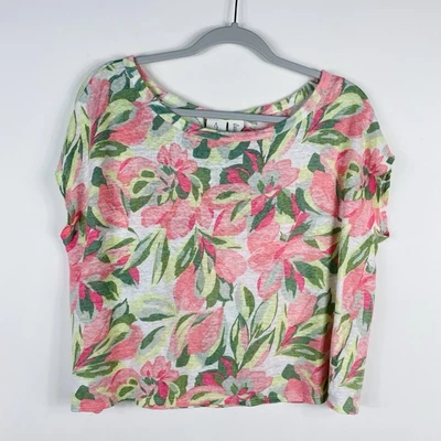 Joie Size Large Tropical Floral 100% Linen Boxy Cropped T-Shirt Top Pink Green - Image 1 of 4