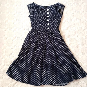Lucky 13 Fit Flare Dress Blue Whtie Polka Dot Boat Neck Rockabilly Medium Women - Picture 1 of 10
