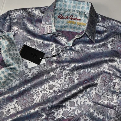 Camisa Robert Graham Edición Limitada Portiere Púrpura Paisley Seda $598 Grande L Foto 1 de 4