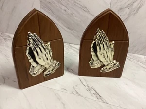 Praying Hands Bookends Wood & Metal -Vintage - Picture 1 of 13