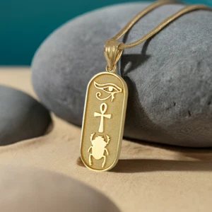 Yellow Gold Egyptian Symbols Eye of Horus, Ankh and Scarab Beetle Pendant - Picture 1 of 6