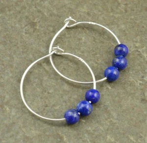 Blue Lapis Lazuli Gemstone & 20mm Sterling Silver Hoop Earrings with Gift Box - Picture 1 of 3