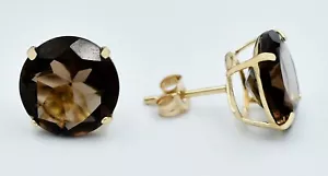 GENUINE 11.58 Cts SMOKY TOPAZ STUD EARRINGS 14K YELLOW GOLD - Free Appraisal - Picture 1 of 4