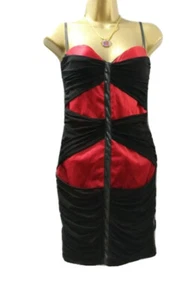 Red Black Bodycon Dress 10 UK Ruched Mesh Party Club Sexy Corset Club y2k - Picture 1 of 17